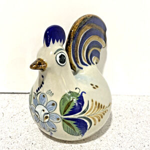 Vintage Tonala Art Pottery Chicken Bird Figure Figurine Blue Brown Green Floral